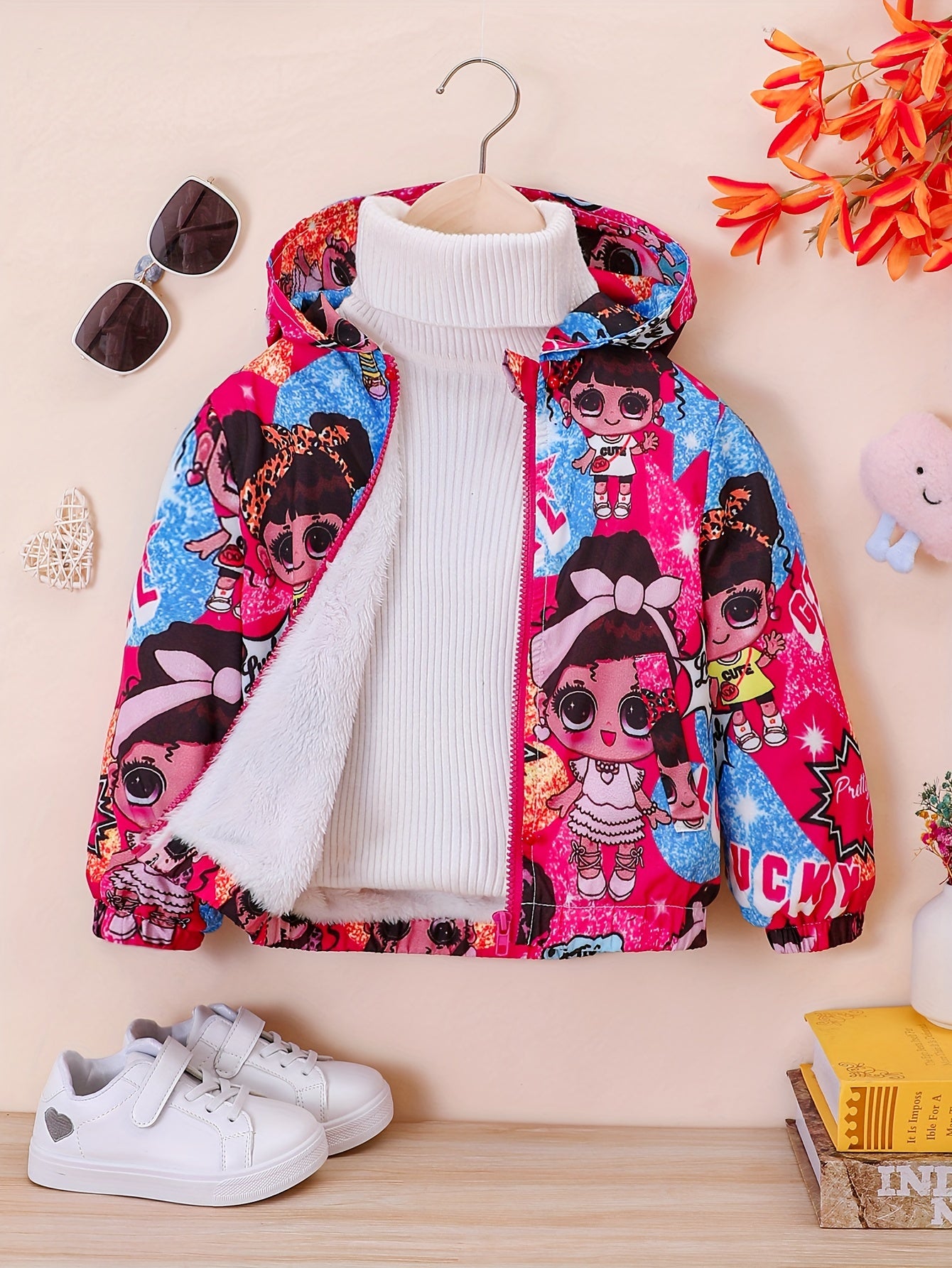 Butterfly Print Hooded Coat Girls Fleece Lined Zipper Closure Winter Warm Jacket