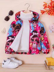 Butterfly Print Hooded Coat Girls Fleece Lined Zipper Closure Winter Warm Jacket
