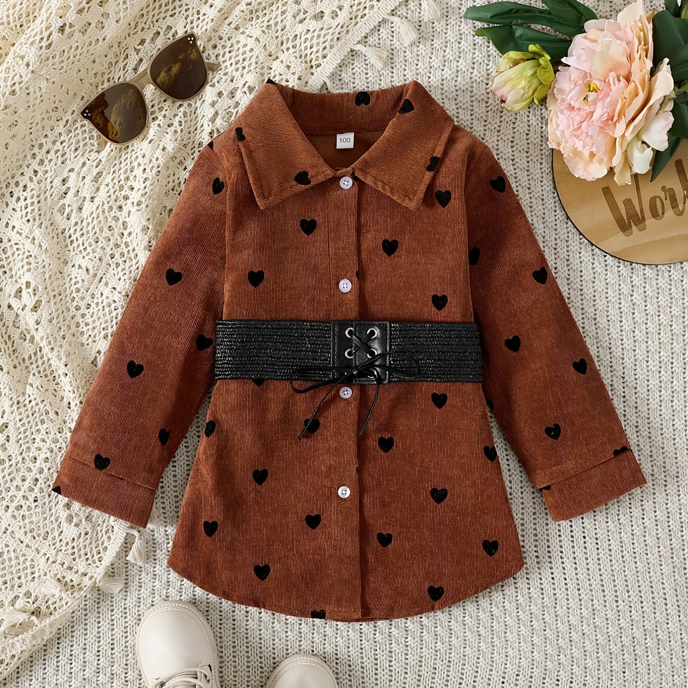 Girls' Lace Up Waist Button Down Corduroy Jacket Coat With Hearts Printed