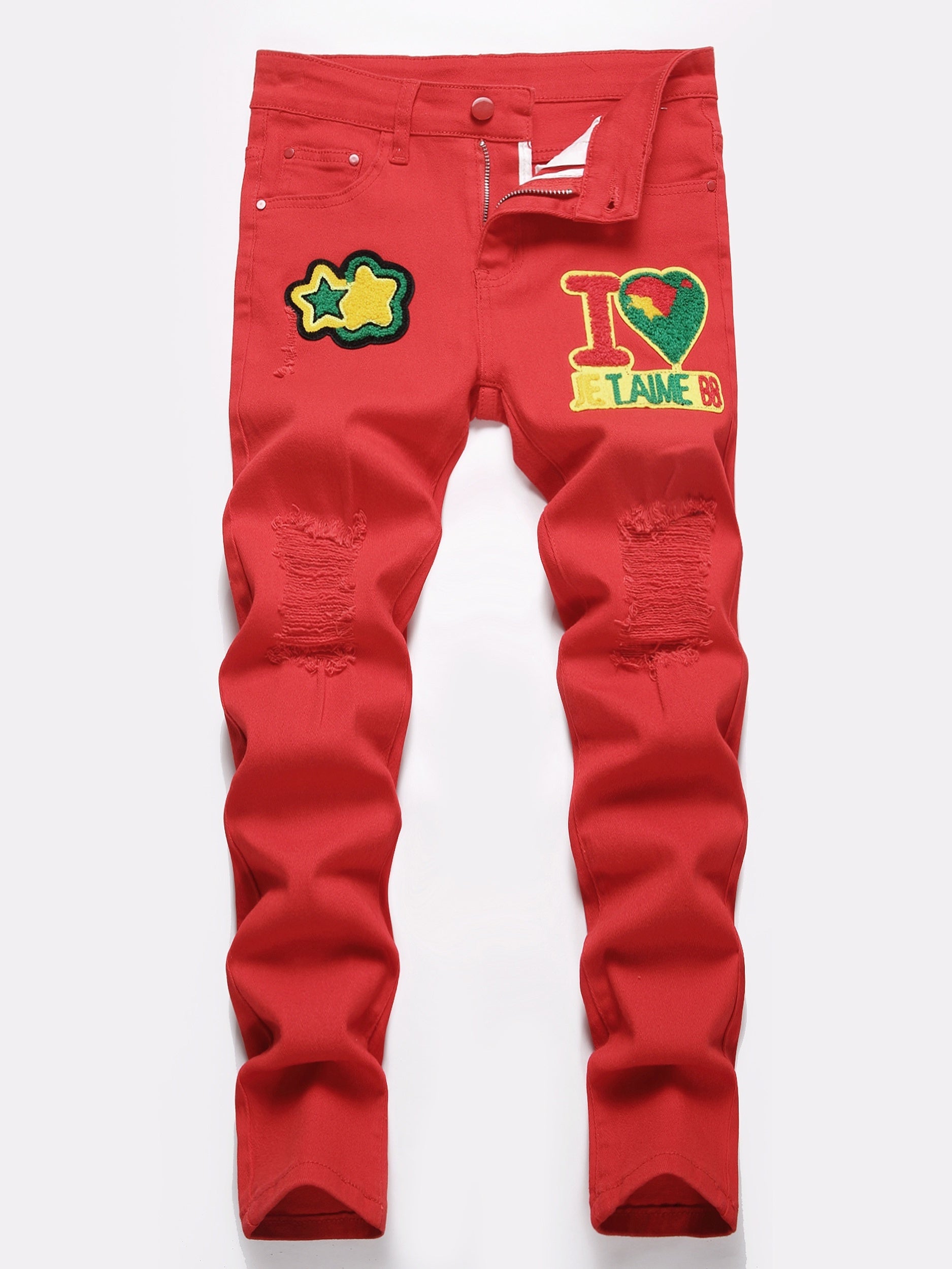 Boys Letter Patch Ripped Jeans