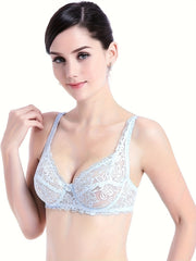 Floral Lace Unlined Bra Comfy & Breathable Bow Tie Bra Women's Lingerie