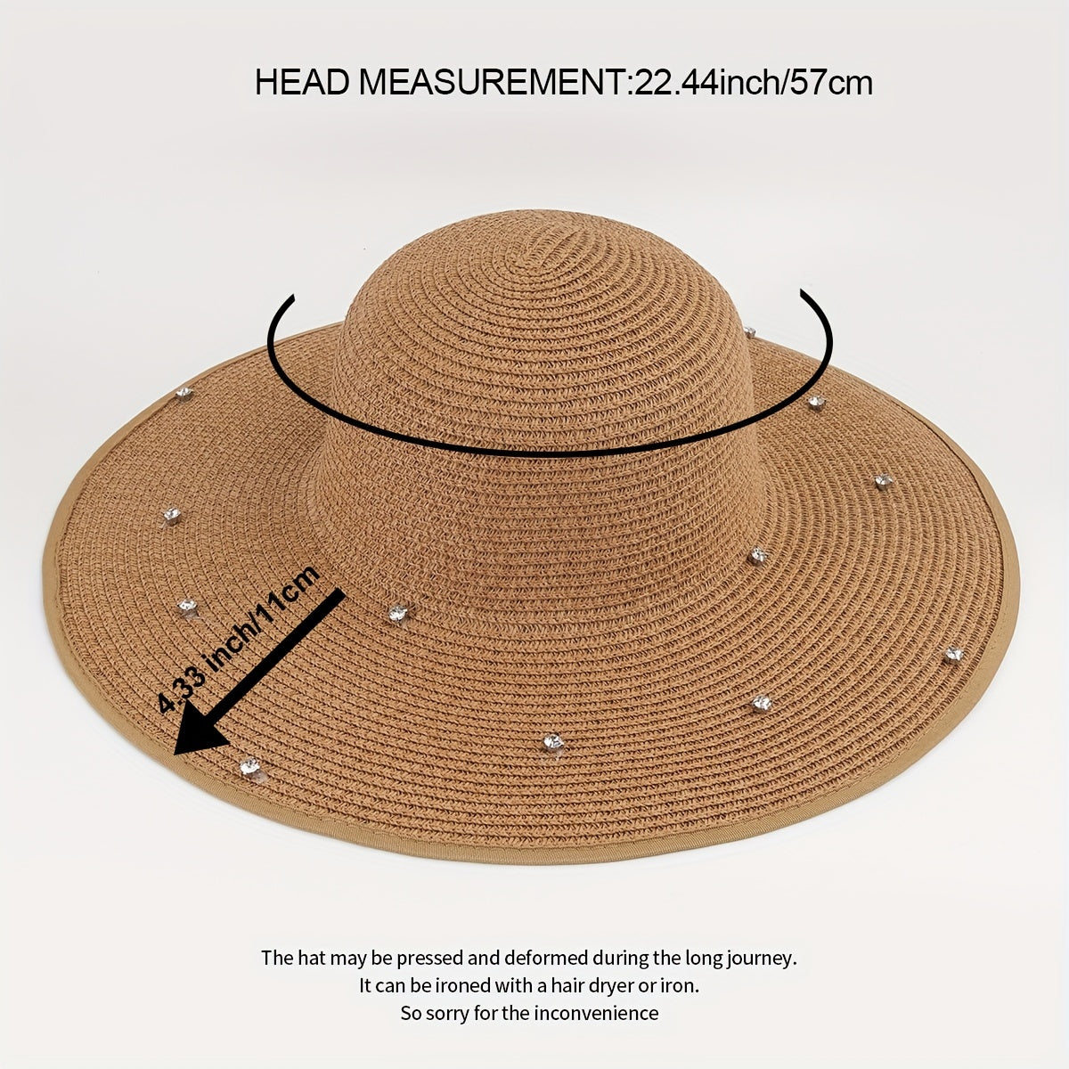 Rhinestone Decor Wide Brim Straw Bucket Hat