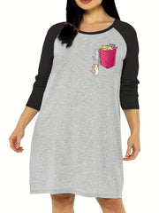 Nightdress with Pocket & Cats Print Raglan Sleeve Tee