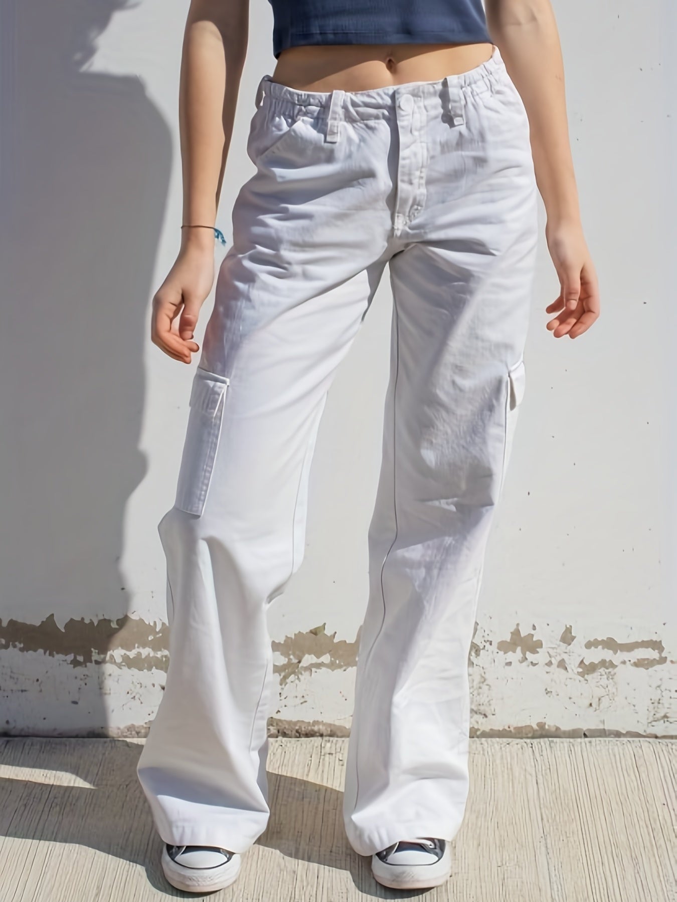Solid Wide Leg Cargo Pants Casual Versatile Pants With Pockets Women