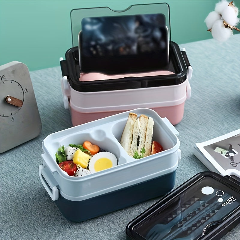 Plastic Double Layer Lunch Box with Cutlery - Microwave Safe Bento Box