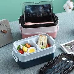 Plastic Double Layer Lunch Box with Cutlery - Microwave Safe Bento Box
