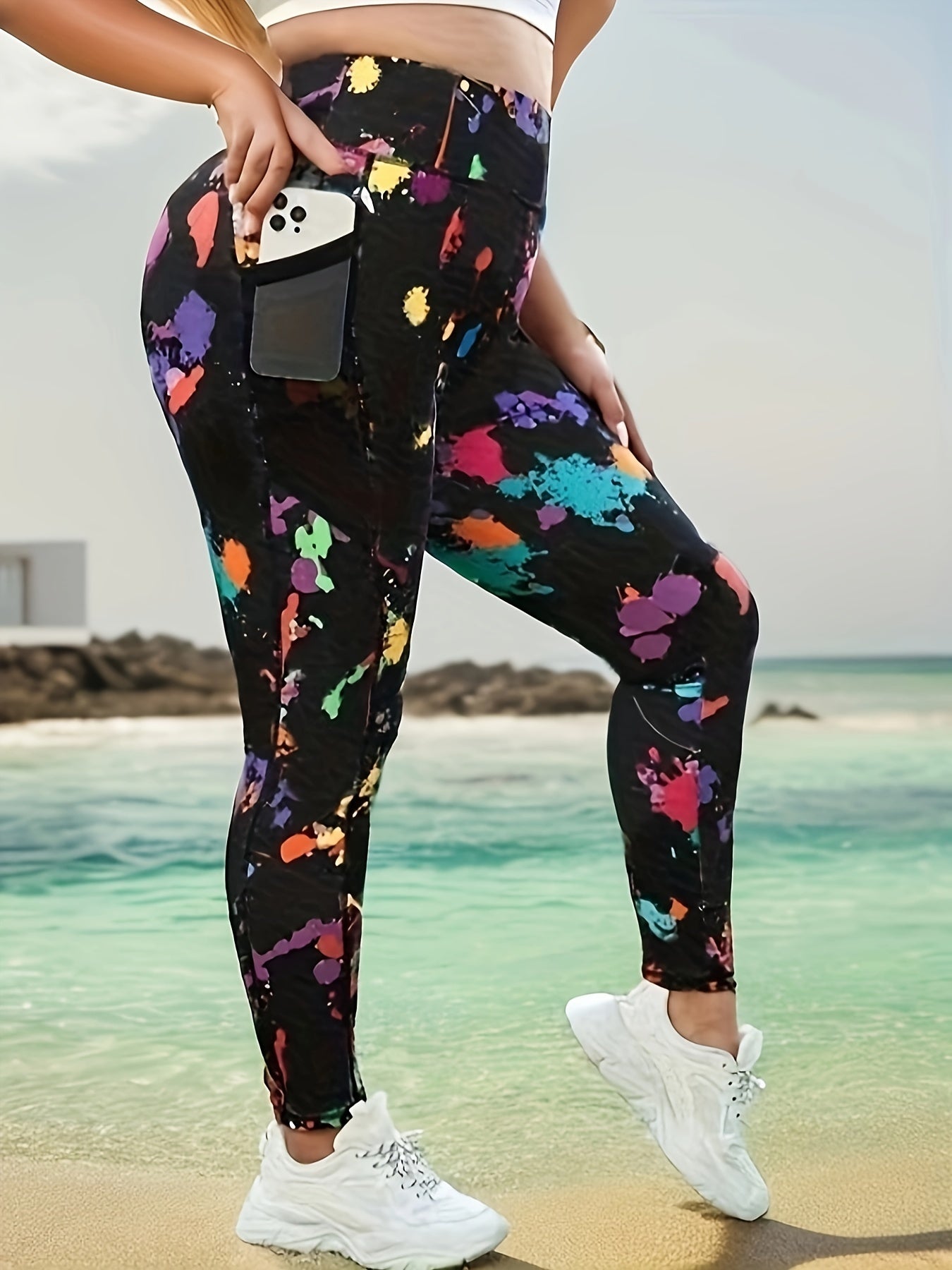 Splash Print High Rise Yoga Pants With Pockets