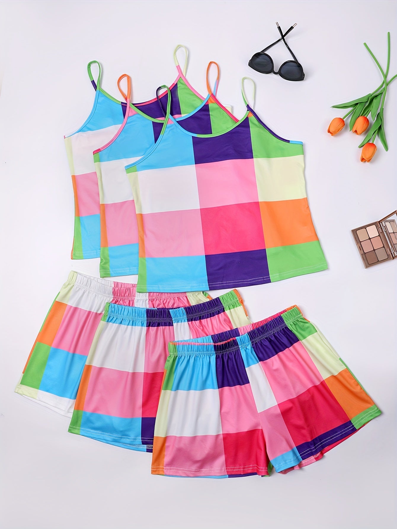 6 Pack Plus Size Preppy Pajamas Set Women's Plus Colorful Plaid Print