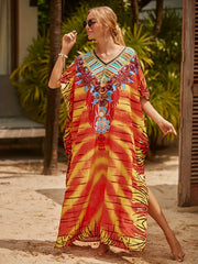 Floral Print Bat Sleeve V Neck Cover Up Dress