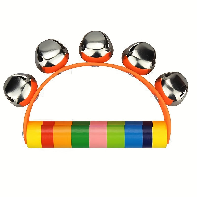 Wood Leather 5 Bell Half Round Hand Ring Music Children Grasp Toy