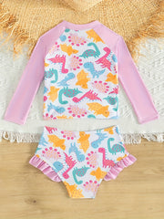 Dino Print 2pc Swimsuits Splicing Top & Ruffle Shorts Girls