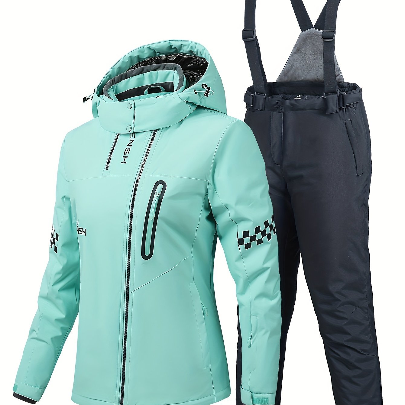Windproof Checkerboard Ski Set Long Sleeves Jacket & Trouser Suit