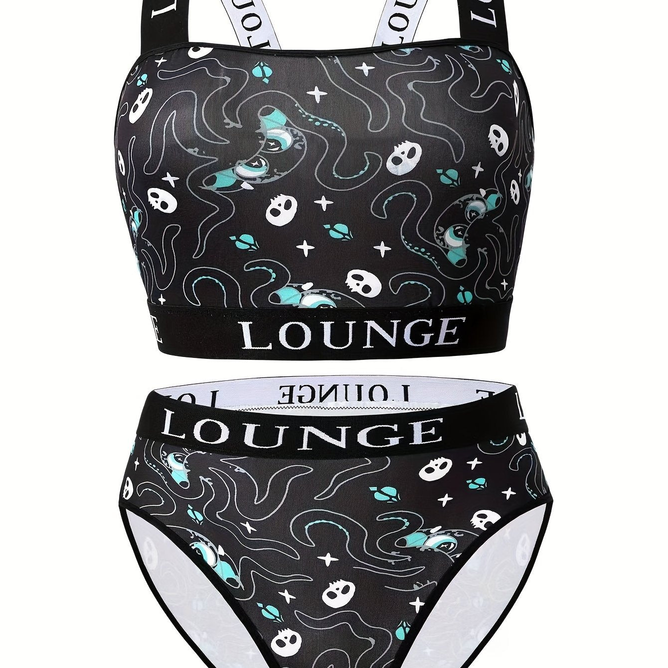 Gothic Halloween Underwear Set Octopus Skull Print Bra