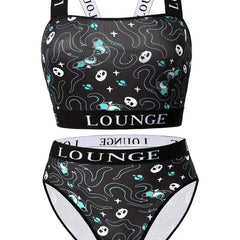 Gothic Halloween Underwear Set Octopus Skull Print Bra