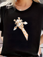 Giraffe Print Sports T-shirts Solid Crew Neck Casual Short Sleeve Graphic Tee
