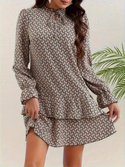 Allover Print Layered Ruffle Trim Flounce Sleeve Dress