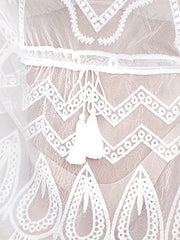 Sheer Cover Up Dress V Neck Cinched Waist Long Sleeves Beachwear