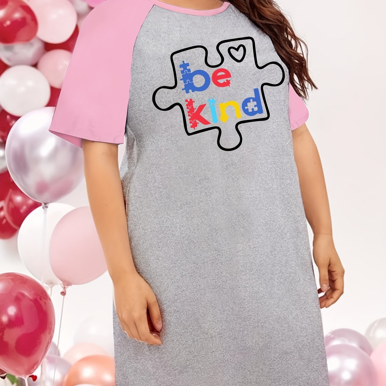 Casual Nightdress Women's Plus Puzzle & Slogan Print