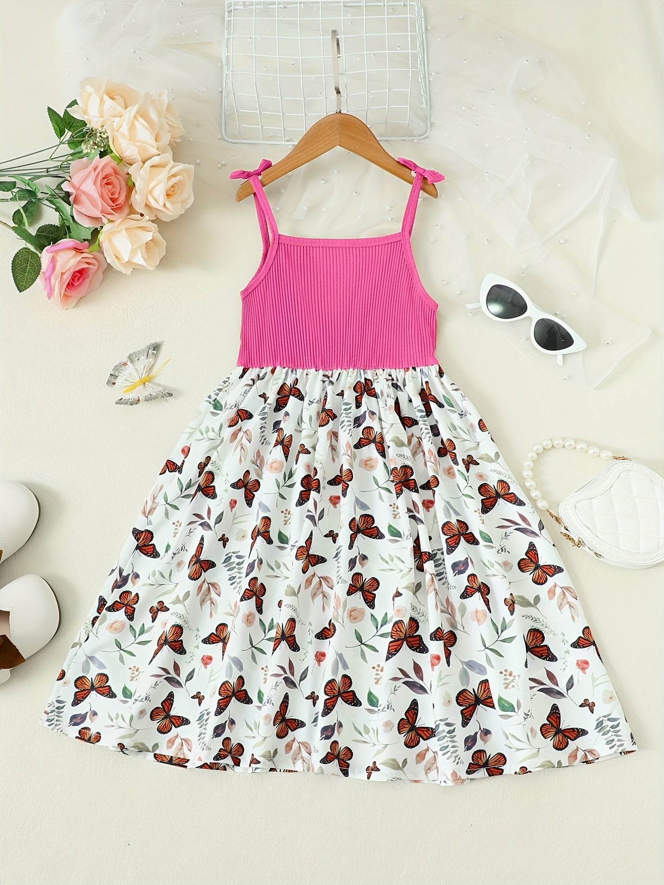 Girls Butterfly Graphic Bow Shoulder Splicing Cami Dress for Party Holiday