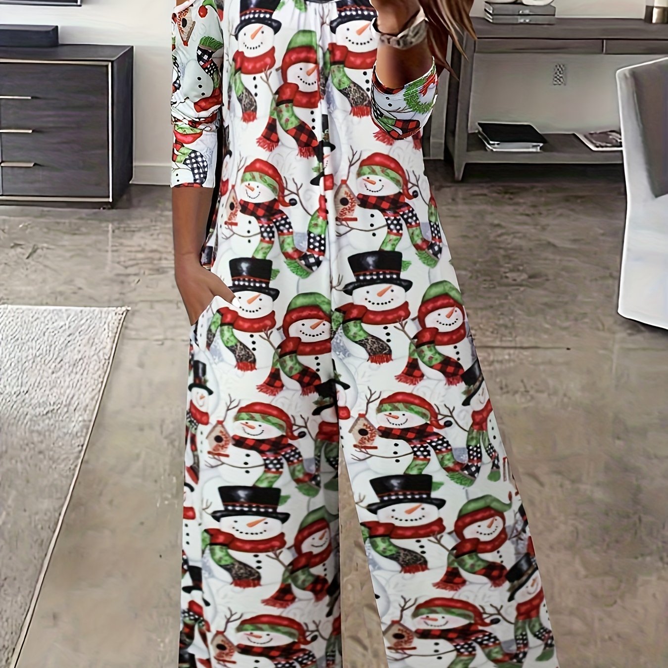 Snowman Print Cold Shoulder Jumpsuit