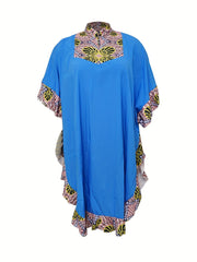 Colorblock Floral Print Abaya Dress with Ruffle Trim
