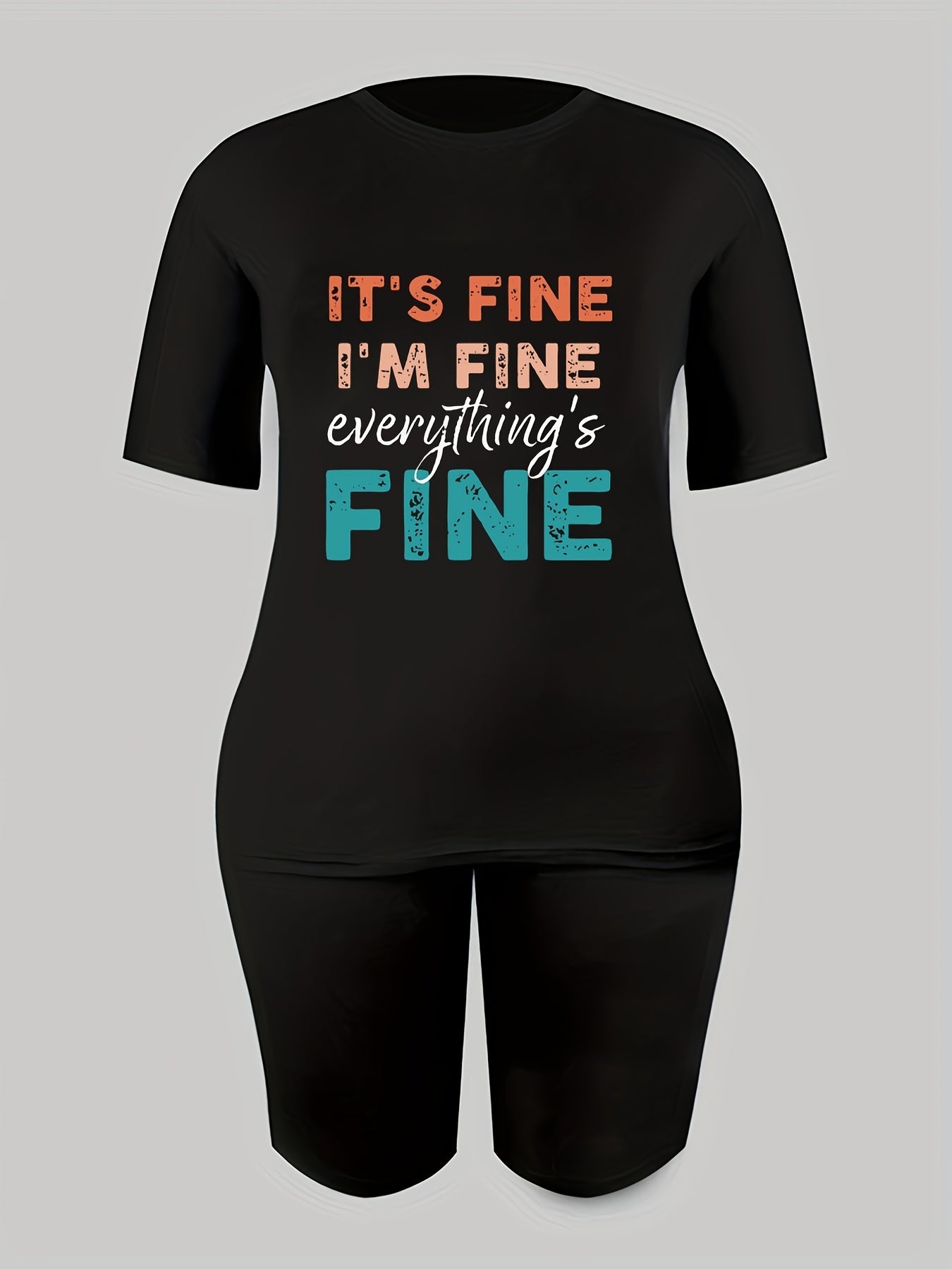 2pcs Letter Graphic Crew Neck Short Sleeve T shirts & Solid Shorts Set