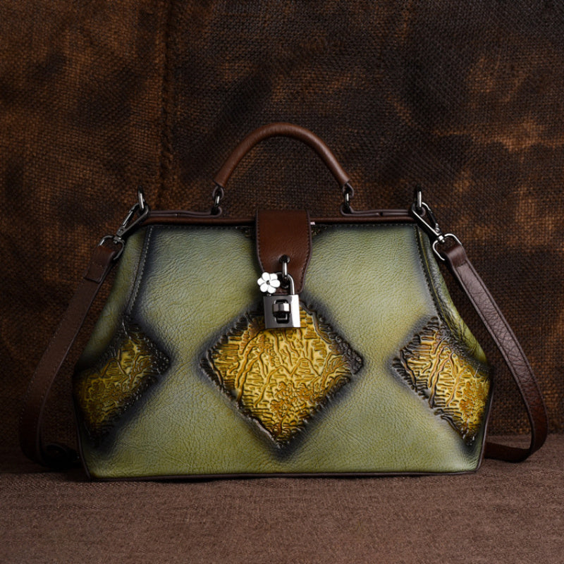 Vintage Floral Leather Handbag w/ Buckle Closure & Clutch