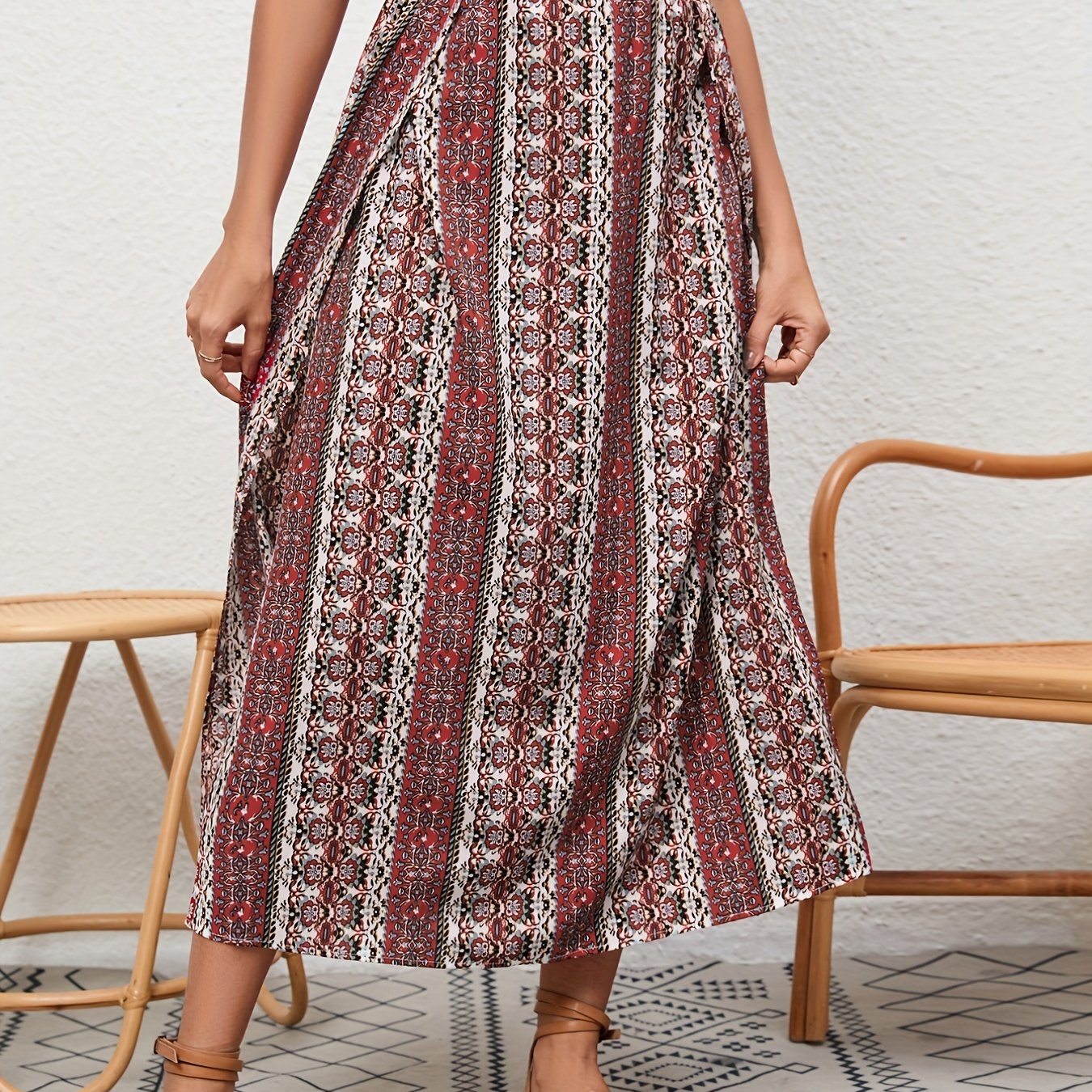 Boho Side Slit Maxi Skirt Random Print Vacation Casual Skirt