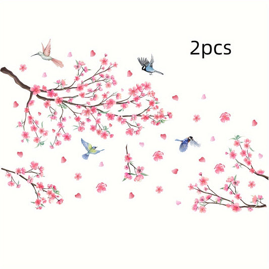 2pcs Peach Blossom Bird Wall Stickers for Living Room Bedroom