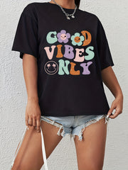 Smiling Face & Cartoon Flower & Letter Print T shirts Short Sleeve O neck
