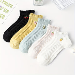 5 Pairs Fruit Print Ruffle Socks for Women