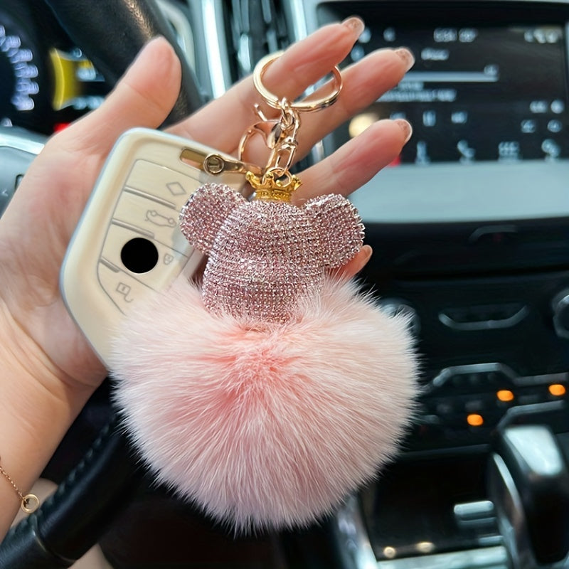 Sparkling Diamond Bear Mink Fur Key Chain - Stylish Anti Lost Car Accessory