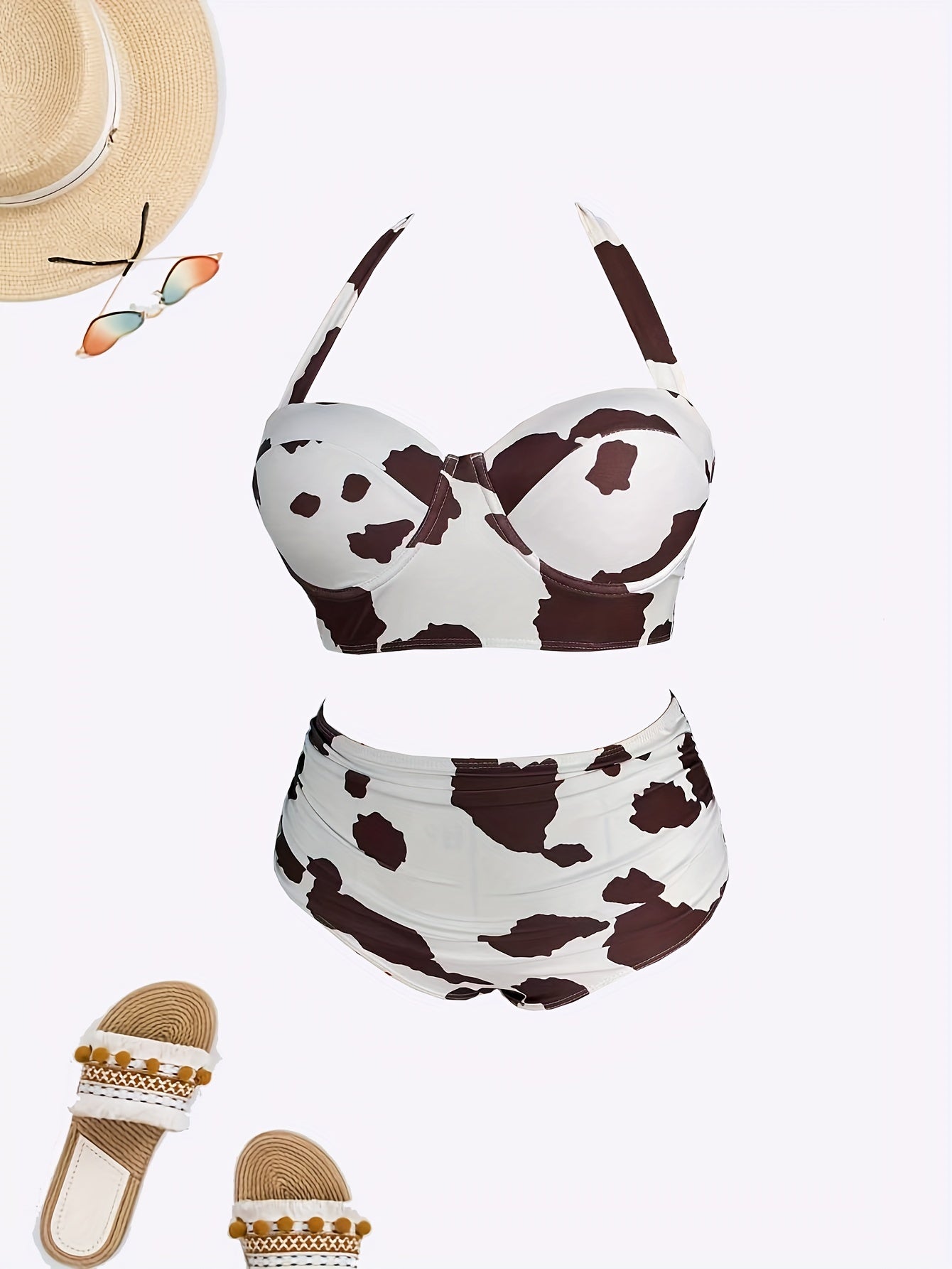 Cow Print Push Up Halter Bikini Set