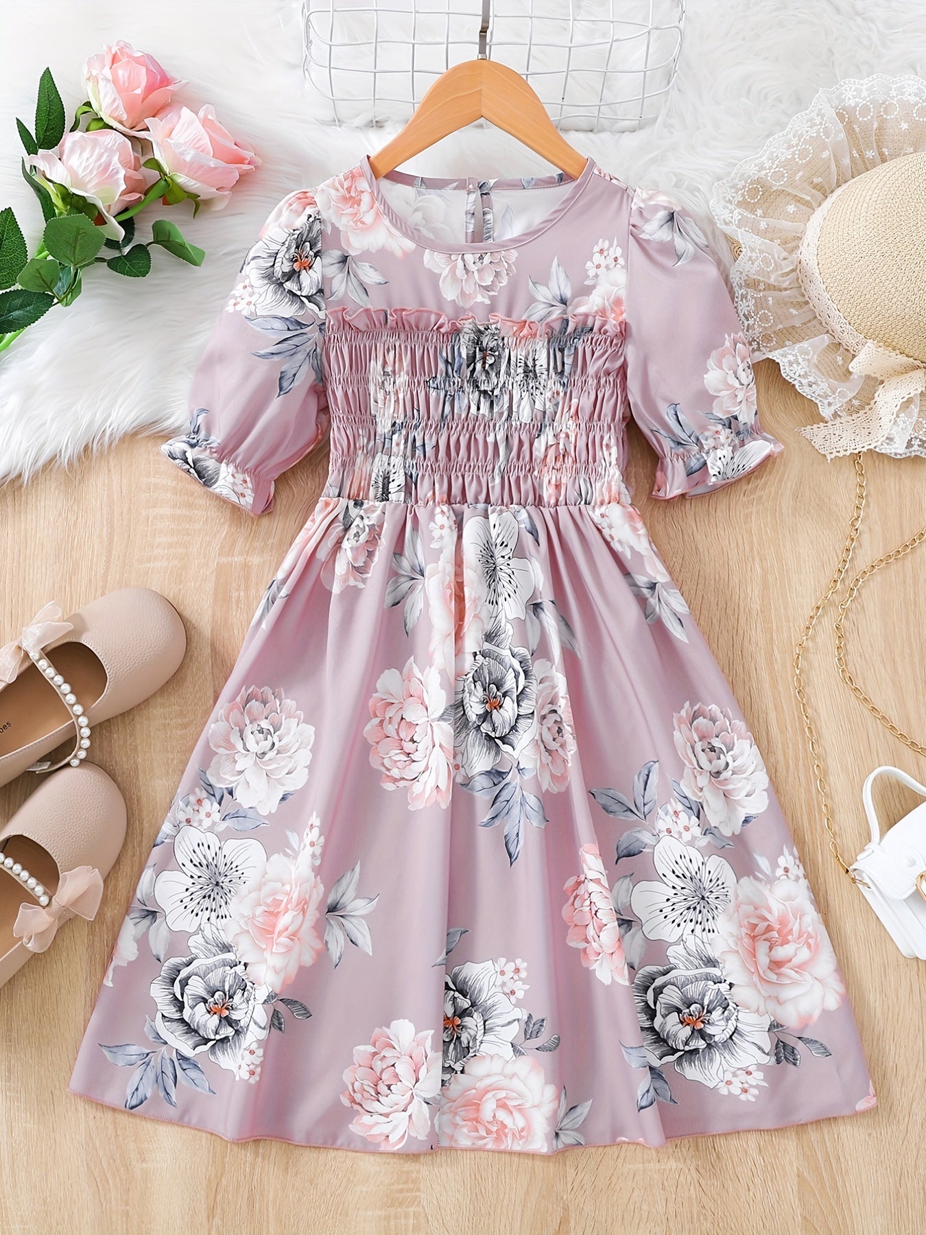 Girls Puff Sleeve Floral Dress For Party Kids Summer Clothes