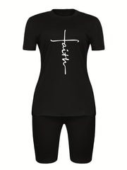 Casual Faith Letter Print T shirt & Biker Shorts Set