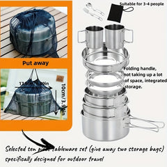 10pcs Stainless Steel Tableware Set for 3-4 People with Storage Bags