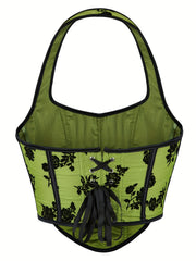 Floral Pattern Bustier Mesh Halter Top for Summer