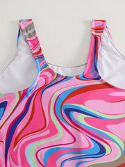 Ripple Print Round Neck One Piece Swimsuit Sleeveless High Strech