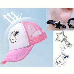 4pc Rabbit Y2K Pink Trucker Hats + 3 Hair Tie Key Ring Star Pe