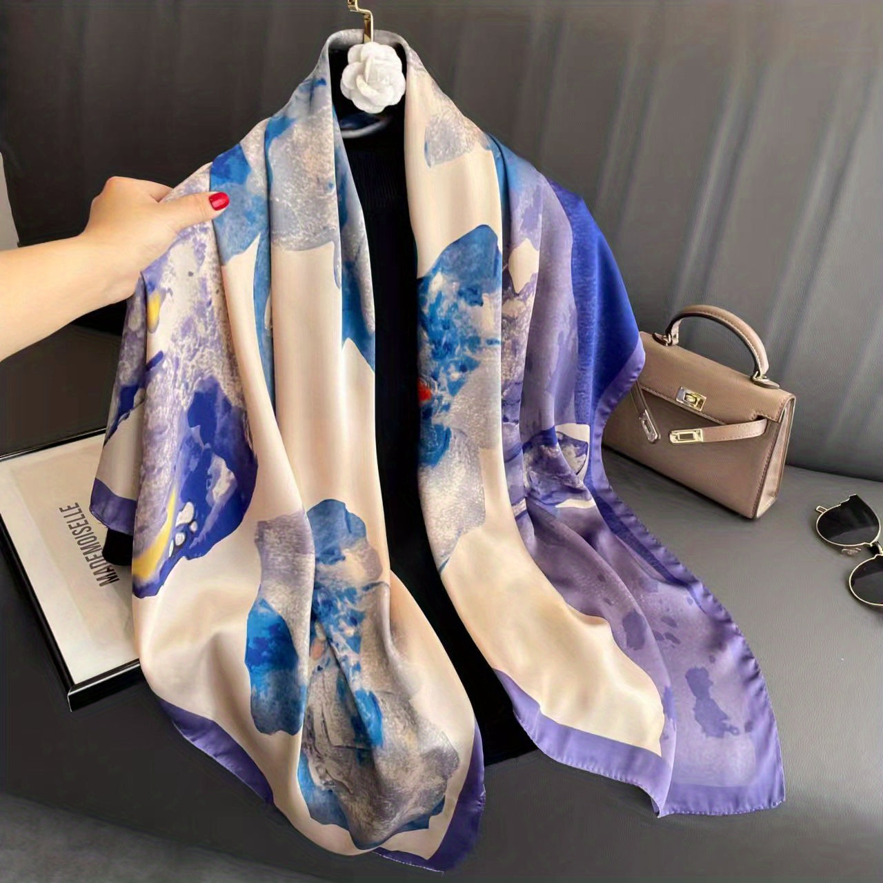 Vintage Flower Print Satin Shawl Square Scarf