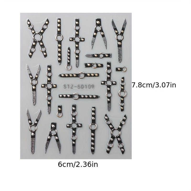 5D Gothic Skull Cross Nail Decals with Glitter Finish