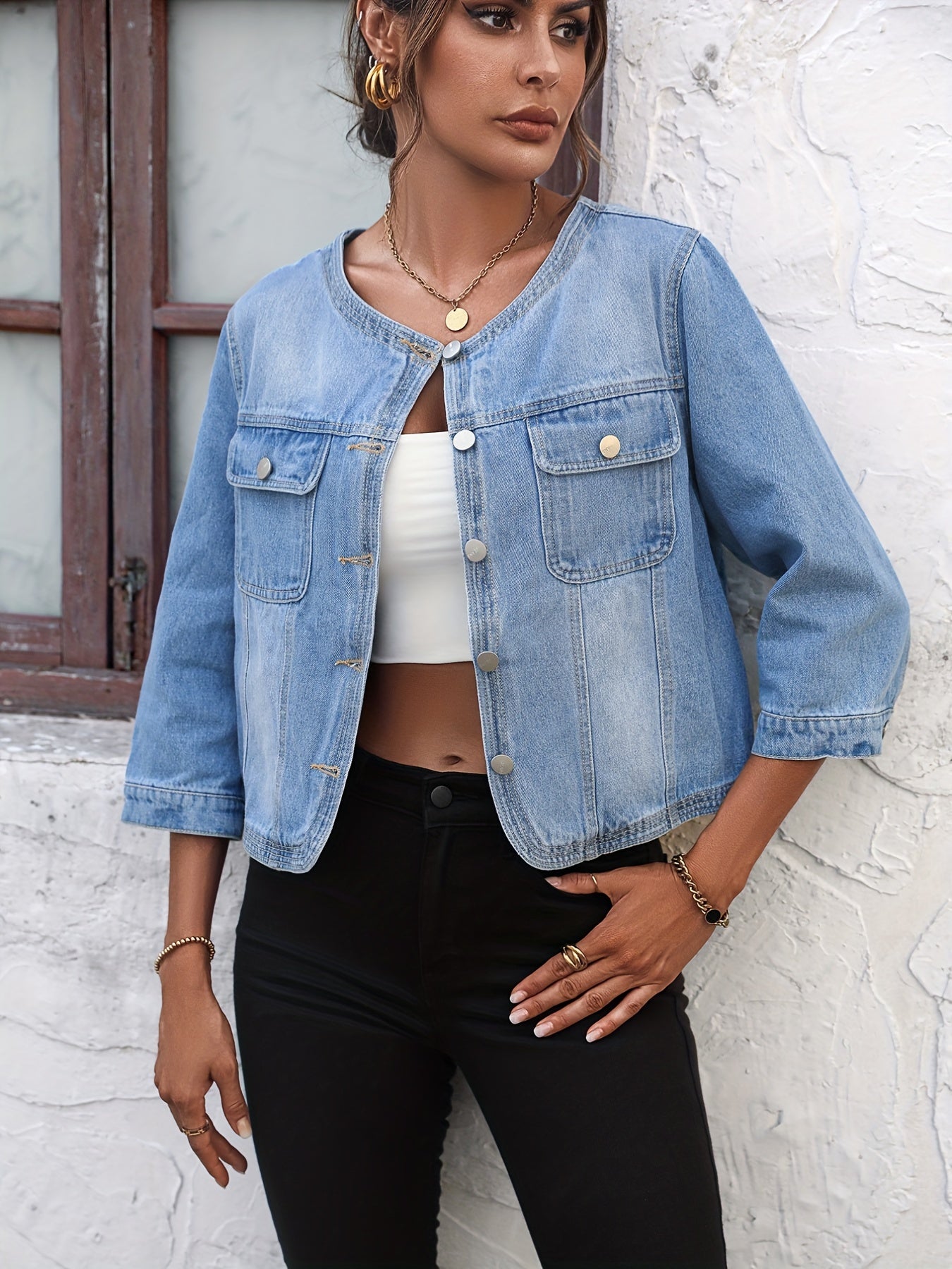 Casual Round Neck Denim Jacket Women's Coats