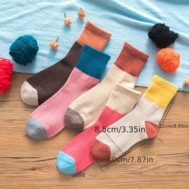 5 Pairs Colorblock Crew Socks Warm Mid Tube Women's Stockings