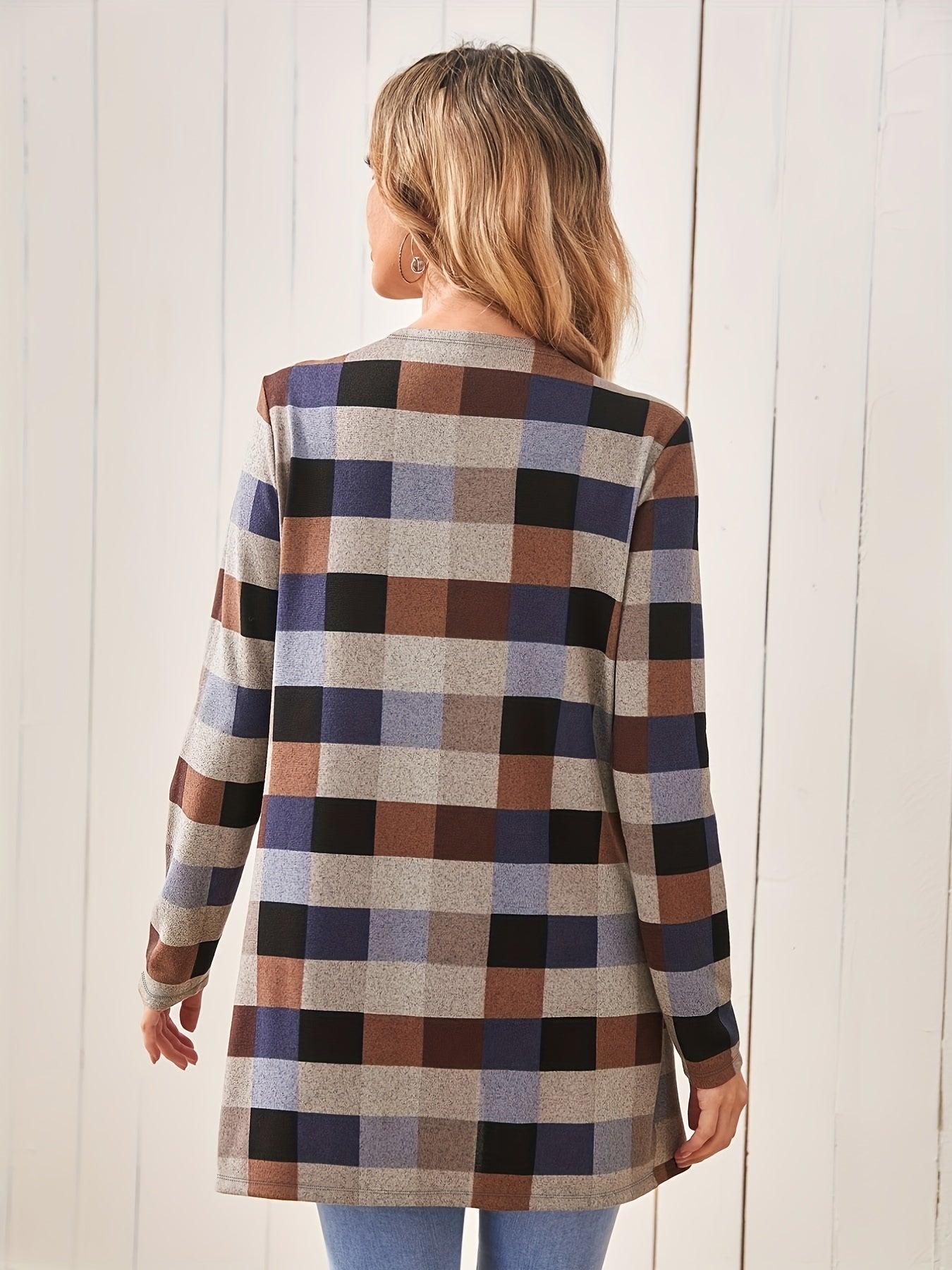 Plaid Print Cardigan Open Front Long Sleeve Outerwear
