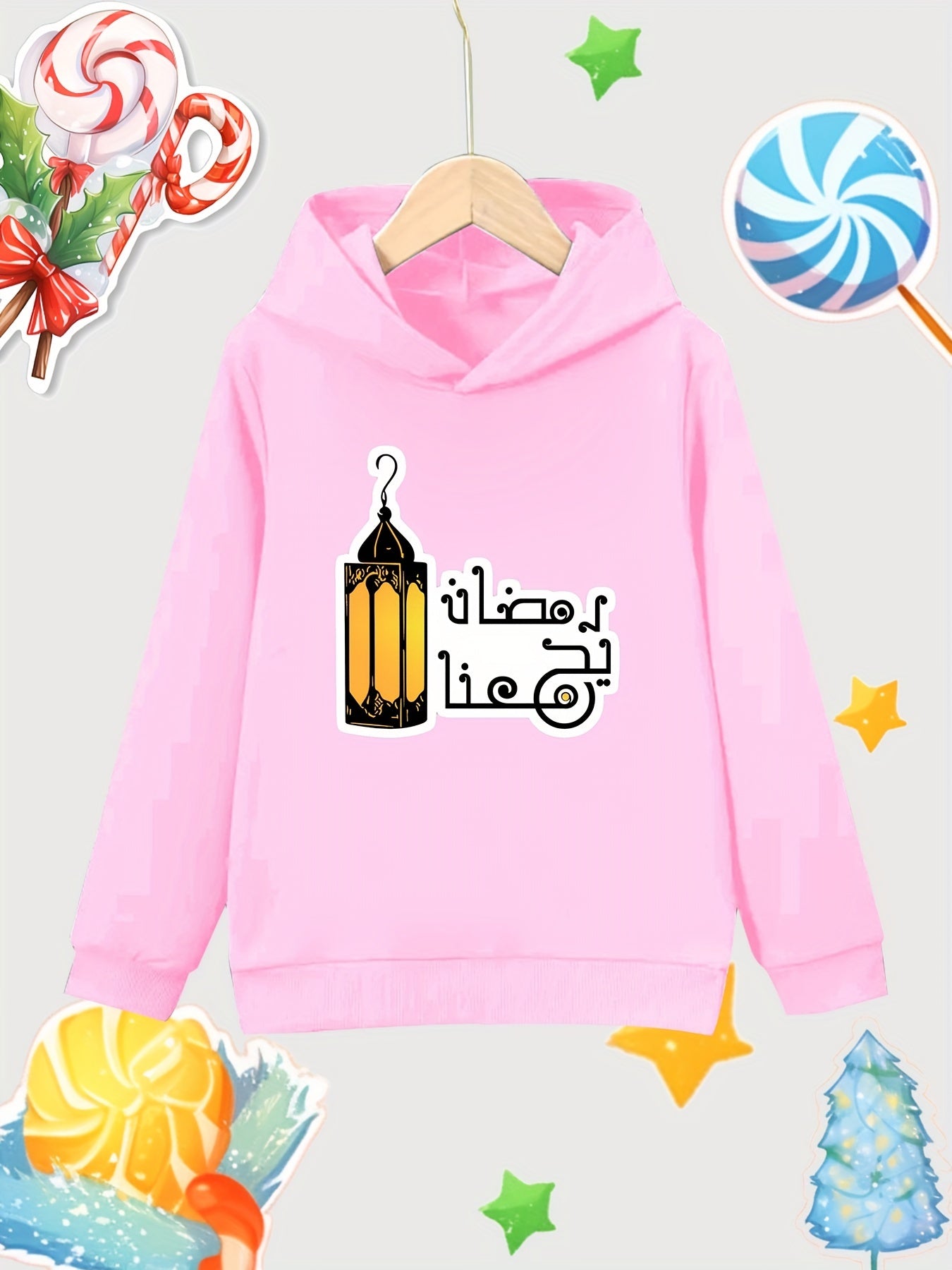 Lantern Print Girls Cotton Pullover Hooded Sweatshirt
