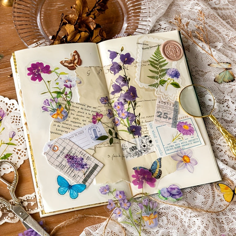 100pcs Four Seasons Flower Collection Stickers Retro Plant Flower Stickers
