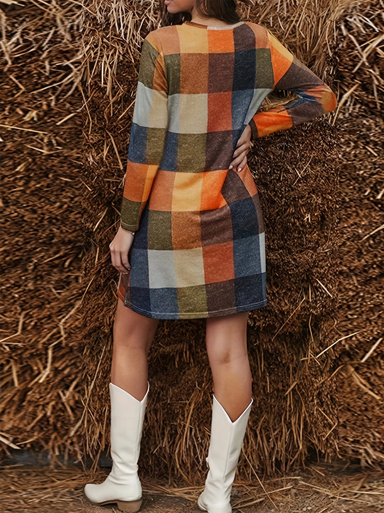 Plaid Print Mini Dress Long Sleeve Casual Crew Neck