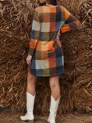 Plaid Print Mini Dress Long Sleeve Casual Crew Neck