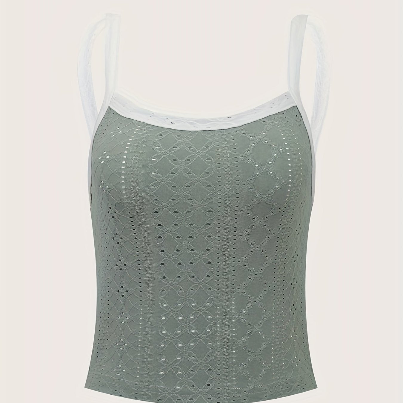 Eyelet Trim Cami Top Crew Neck Summer Sleeveless Top Women's Clothing