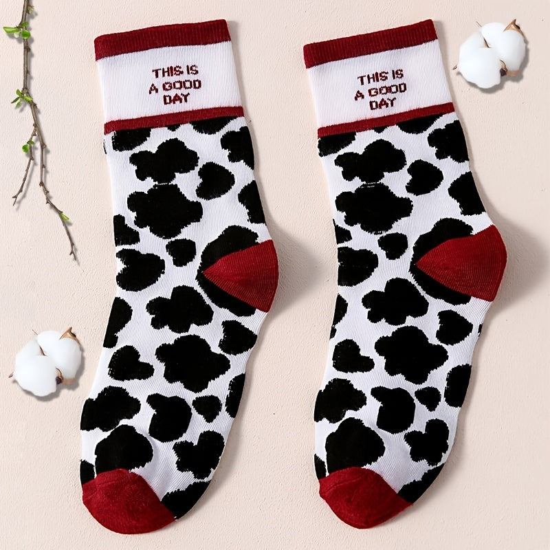 Colorblock Socks Cow Spots Print Mid Tube Socks Women's Stockings